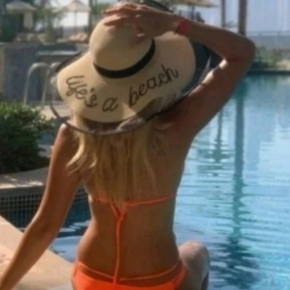 Tan Wide Brim Hat with Black Lettering
